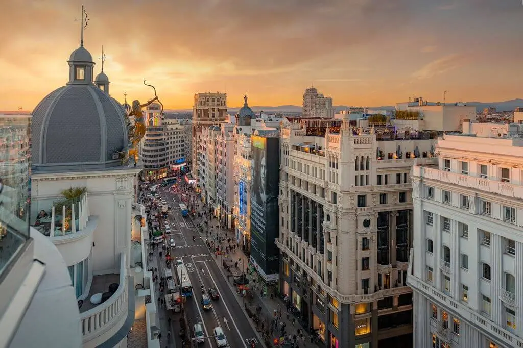 The historic buildings of Madrid, Spain on a warm and sunny summer day